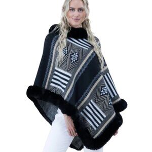 VERY MODA Geo Print Faux Fur Trimmed Western Poncho Black White Ivory OS NWT